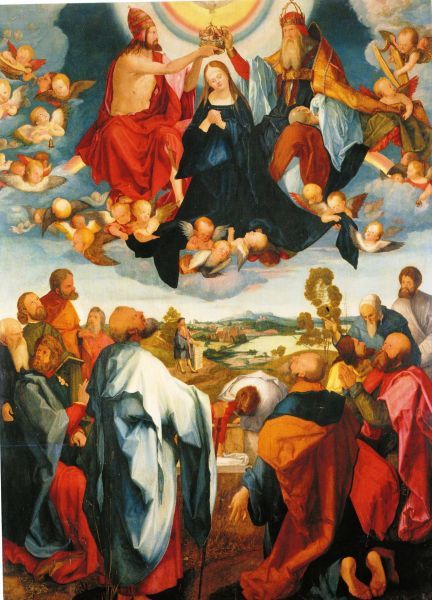 De apostelen staan beneden geschaard rond het lege graf van Maria. Vol verwondering kijken ze omhoog naar haar opname en kroning in de hemel.