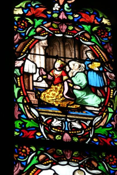 ± 1900(?), glasschilderkunst. Bedevaartgangers in het nieuwe Mariabedevaartsoord.
