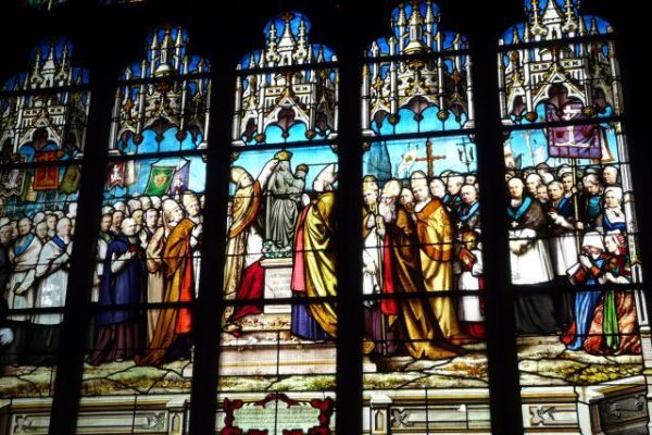± 1888(?), glasschilderkunst. Inhuldiging van het wonderbeeld van Maria