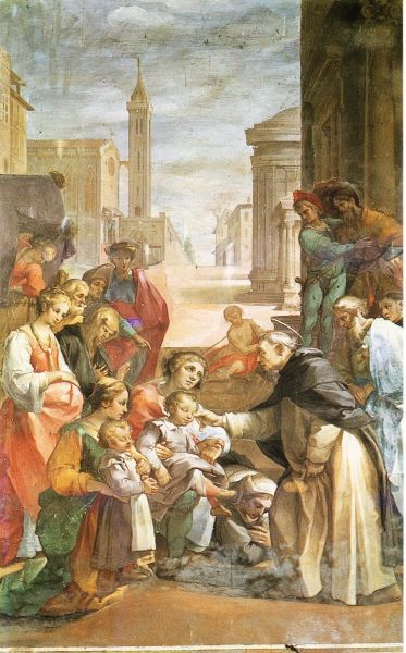 Hyacinthus geneest een blind kind. vóór 1580, Salimbeni, fresco(?).