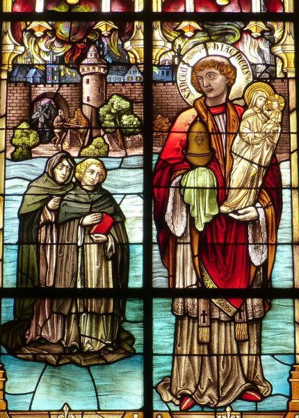 Hyacinthus neemt met Madonnabeeld onder de arm, en de ciborie in de andere hand over het water van de Dnjepr de vlucht uit het brandende Kiev op de achtergrond. De Tataren die uit de stadspoort te voorschijn komen, zijn te laat...