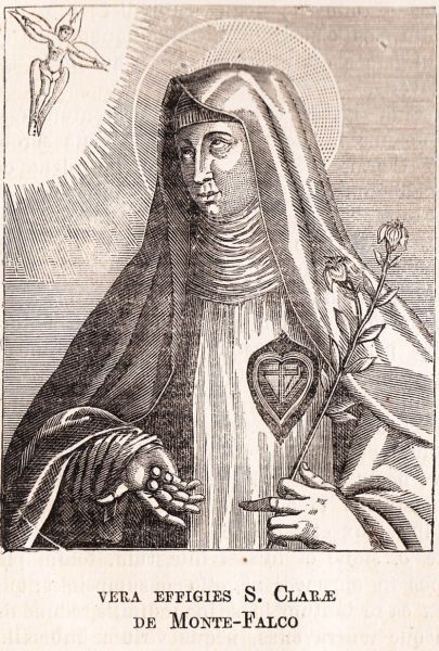 In de linkerhand de lelietak van de maagdelijkheid. In haar rechterhand de drie galstenen in de vorm van bolletjes. Op de plek van haar hart tekent zich het kruis af. Onderschrift: 'Ware afbeelding van Sint Clara van Montefalco'. Zij kijkt op naar de gekruisigde Christus die als een seraf aan haar verschijnt, (op dezelfde manier zoals Hij aan Franciscus verschijnt op het moment dat deze de stigmata [= Jezus' wondetekenen] ontvangt). Deze afbeelding komt dus ongetwijfeld uit de kringen der franciscanen. Aangetroffen in Acta Sanctorum: 18 augustus.