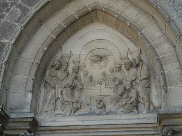 Genezing van een kind op het gebeente van Sint Filibertus te Déas, het huidige St-Philibert-le-Grand-Lieu. ça 1870, steensculptuur.