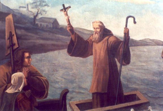 Filibert verkondigt vanuit zijn stenen bootje het evangelie aan de plaatselijke bevolking.