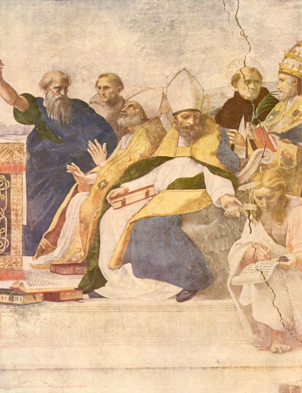 Augustinus dicteert (over eucharistie: rechts van hem Ambrosius in extase voor de Eucharistie).
