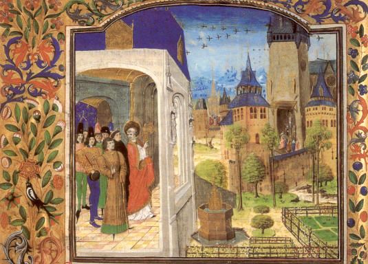 Illustratie bij Augustinus'boek De civitate Dei (Over de Godsstaat). Augustinus (met staf en brandend hart) toont het ideaalbeeld van de Godsstaat.