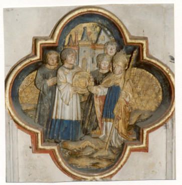 Paneel. Bisschop van Amiens neemt reliek van Johannes de Doper's hoofd op schotel in ontvangst.