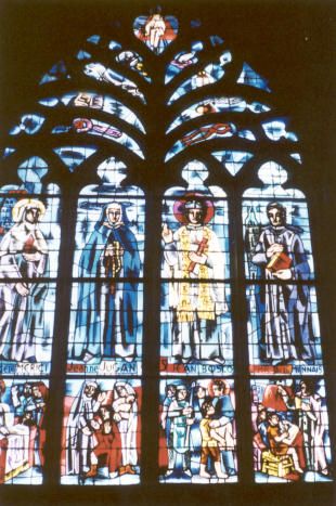 Van links naar rechts: Angela de Merici, Jeanne Jugan, Johannes Bosco, Jean-Marie de la Mennais.