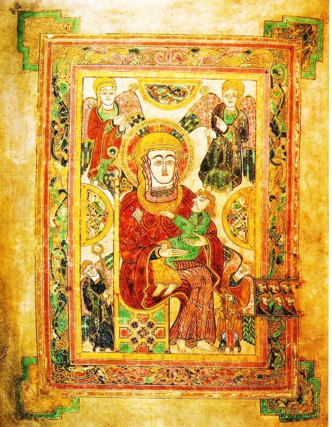Rechtsonder: monniken in koorgebed? Geïllustreerde pagina uit het Book of Kells (8e eeuw) Ierland, Dublin, Trinity College