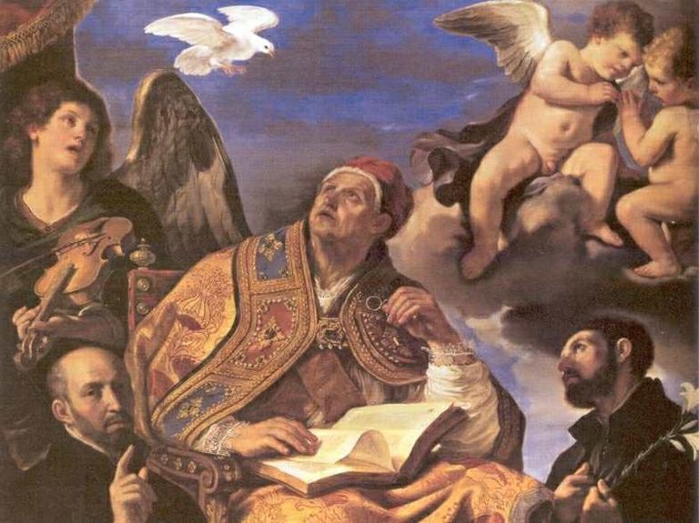 Schilderij van Guercino. Sint Gregorius met Ignatius van Loyola en Franciscus Xaverius.