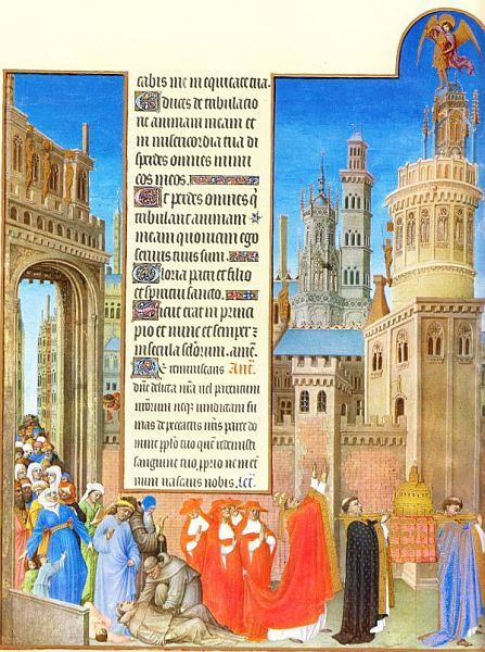 Afbeeldingen 8 en 9 vormen eigenlijk één geheel. Het zijn twee tegenover elkaar liggende bladzijden uit een gebedenboek van de Franse Hertog de Berry. Het werd rond 1416 geïllustreerd door de gebroeders van Limburg en door ene Jean Colombe. De bladzijde met de rode kardinalen hoort links; die met de gevallen geestelijke in blauw gewaad rechts.