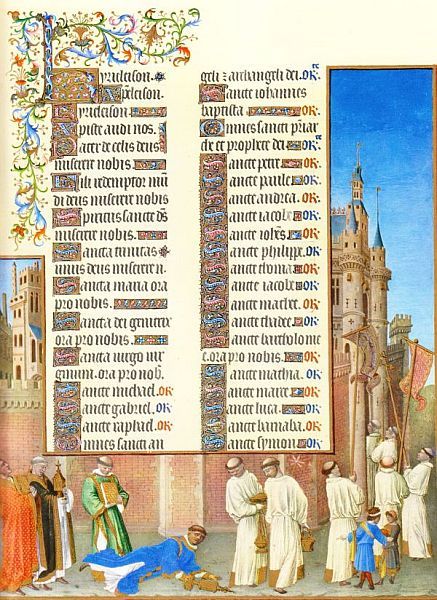 Afbeeldingen 8 en 9 vormen eigenlijk één geheel. Het zijn twee tegenover elkaar liggende bladzijden uit een gebedenboek van de Franse Hertog de Berry. Het werd rond 1416 geïllustreerd door de gebroeders van Limburg en door ene Jean Colombe. De bladzijde met de rode kardinalen hoort links; die met de gevallen geestelijke in blauw gewaad rechts.