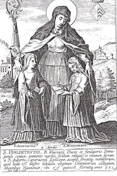 Madelberta (rechts) met haar moeder (midden) Waldetrudis (+ 688; feest 9 april) en haar zus (links) Adeltrudis (+ 696; feest 25 februari) België(?)