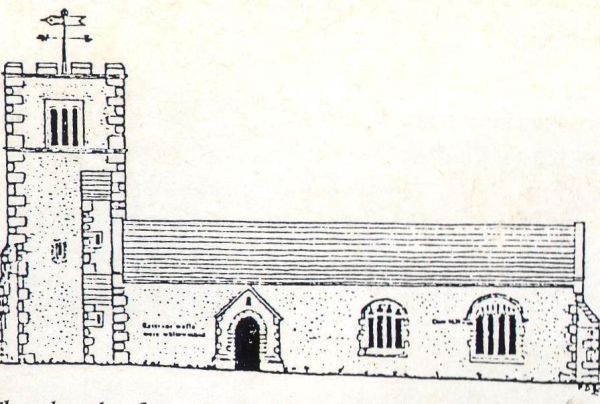 Tekening van het kerkje van St-Cynfarch. in Wales, Clwyd, Dyffryn