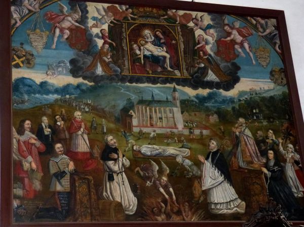Eberhard als grondlegger van het bedevaartsoord Klausen ter ere van Maria ter Nood Gods (boven de kerk). Hij staat twee keer afgebeeld: 1. op de voorgrond knielend links met rozenkrans en biddend voor de zielen in het vagevuur, vlak vóór hem; 2. als overledene boven hegt vagevuur, als 'fundament' van de bedevaartkerk. Linksboven nadert een processie. Links en rechts bedevaartgangers...