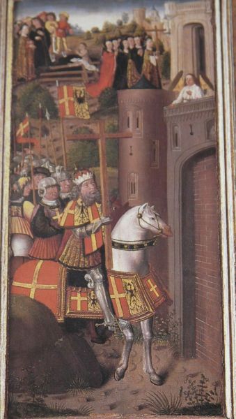 Keizer Heraclius brengt in vol ornaat het Heilig Kruis terug naar Jeruzalem, maar ziet de poort dichtgemetseld.
