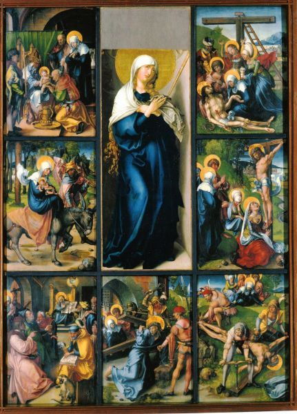 Maria met rond haar de zeven smarten van links boven naar rechts boven: 1. Jezus' besnijdenis; 2. Vlucht naar Egypte; 3. Terugvinding van Jezus in de tempel; 4. Jezus' kruisdraging; 5. Jezus' kruisiging; 6. Jezus sterft aan het kruis; 7. Bewening. combinatie van twee schilderijen die zich resp. bevinden in München en Dresden (Duitsland).