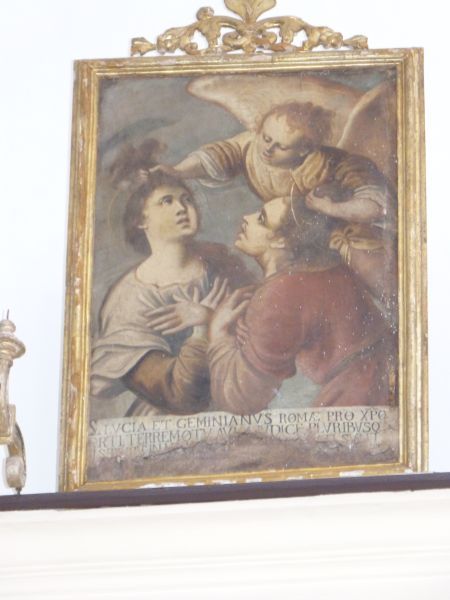 Lucia en Geminianus door een engel aan hun haren(!) naar de hemel gevoerd. Ca 1770(?), schilderij