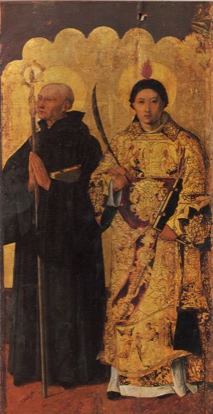 Links: Severinus van Noricum (+ 482; feest 8 januari). Rechts: Sosius (Santo Sosio) met martelaarspalm en vurige tong . (symbool Heilige Geest; herinnering aan Pinksteren, waar de Heilige Geest vanuit de hemel als vurige tongen op Jezus' leerlingen neerdaalde)