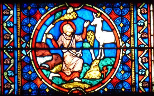 Eustachius keert terug naar het hert dat hem vertelt wat hem te wachten staat. 13e/19e eeuw, glasschilderkunst.