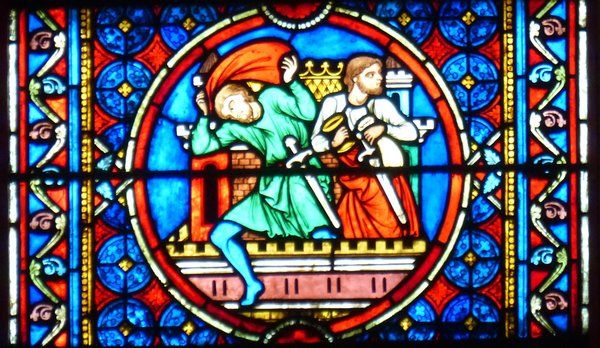 Eustachius' huis wordt leeggeroofd. 13e/19e eeuw, glasschilderkunst.