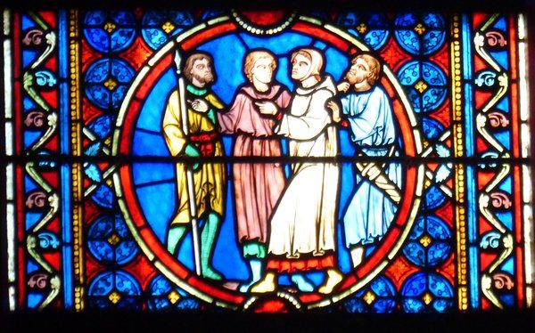 Jonge mannen worden gerecruteerd voor het leger. Hier waarschijnlijk de beide zoons van Eustachius. 13e/19e eeuw, glasschilderkunst.