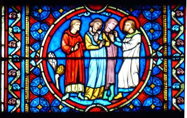 Eustachius' gezin herenigd. 13e/19e eeuw, glasschilderkunst.
