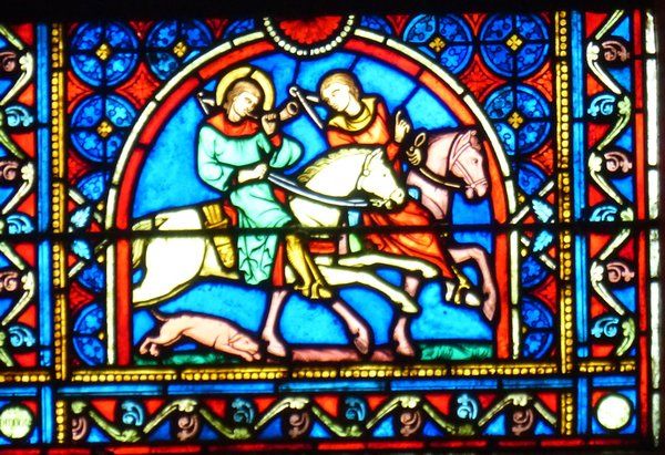 Eustachius gaat uit jagen. 13e/19e eeuw, glasschilderkunst.