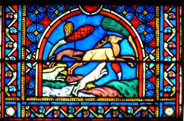 Eustachius is een hert op het spoor. 13e/19e eeuw, glasschilderkunst.