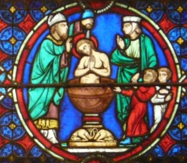 Eustachius laat zich dopen met zijn vrouw en beide zoontjes. 13e/19e eeuw, glasschilderkunst.