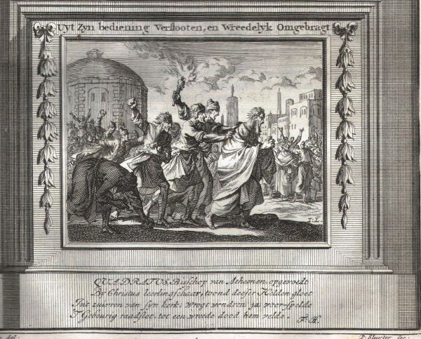 Qadratus achtervolgd en gedood door een oproerige menigte. Bijschrift: 'Quadratus bisschop van Athenen opgevoedt Bij Christus' leerlingschaar toont deeser Helden gloet In't zuivren van syn kerk; wrogt wondren ja voorspelde 't gebeurig raadslot. tot een wreede dood hem velde.' Gravure in: Cav.1698