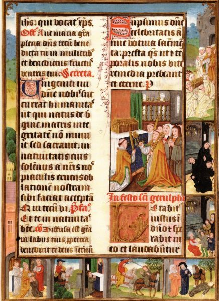 Rond de liturgische tekst staan scènes uit het leven van Gerulfus afgebeeld. Links onder wordt hem het Vormsel toegediend; daarnaast knielt hij neer voor het Mariabeeld in Merendree. Daarnaast wordt hij gedood door zijn peetoom; rechtsonder wordt zijn lijk aangetroffen door zijn ouders. Daarboven vinden zieken en bezetenen genezing bij zijn graf; daarboven doen monniken bij zijn graf boete- en gebedspraktijken. Daarboven worden zijn relieken overgebracht naar Drongen. Op de grote afbeelding in het midden worden ze plechtig in Drongen bijgezet.