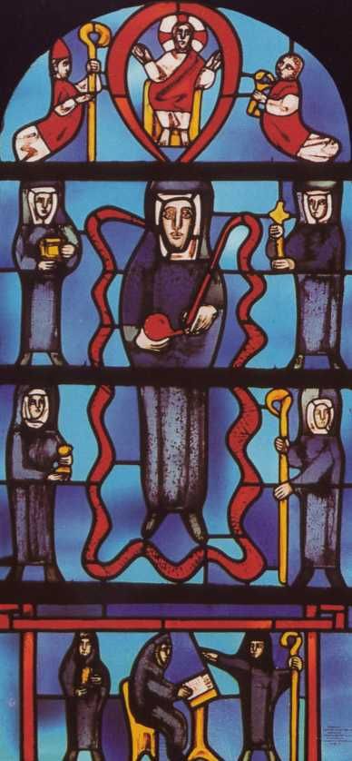 Lioba's droom van de purperen draad. Glasvenster door W. Geyer in de kerk op de St-Petersberg, 1964. In: Leinweber 'St. Lioba...' p:17.