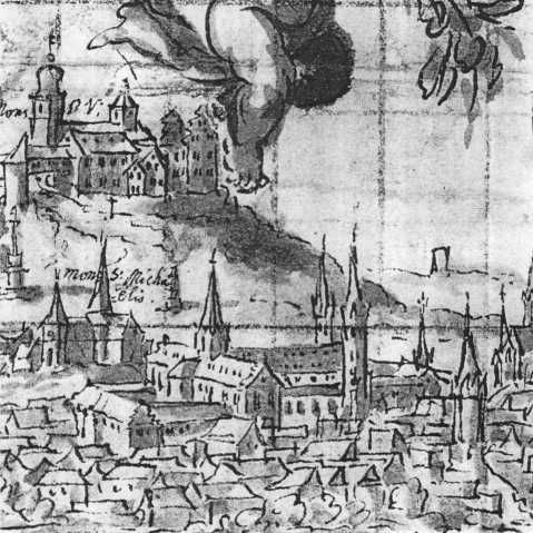 Overzichtstekening van Fulda uit 1668: op de voorgrond het kloostercomplex; (links in het midden de Michaeliskerk) en boven op de berg de Petruskerk. In: Josef Leinweber 'St. Bonifatius...'.