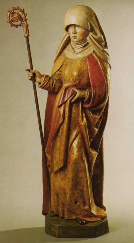 Lioba met staf in benedictinessenkleding; houten beeldje, 15e eeuw. In: Josef Leinweber 'St. Lioba...' p:4.