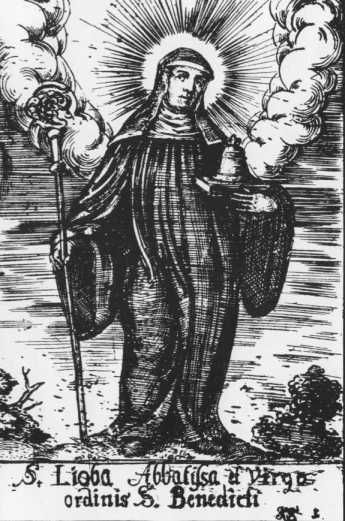 Lioba in benedictinessenkleding met staf, boek en klok; gravure uit Kaspar Lieblers' Lioba-Büchlein, 1683. In: Josef Leinweber 'St. Lioba...' p:7.