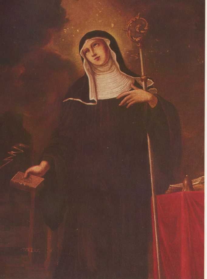 Lioba als benedictines, met staf en boek; op tafel rechts de klok en nog een boek; links van haar een bliksemflits, verwijzing naar het verhaal dat zij het onweer afwendde; schilderij van Wilhelm von Schadow-Godenhaus (1789-1862). In: Josef Leinweber 'St. Lioba...' p:21.