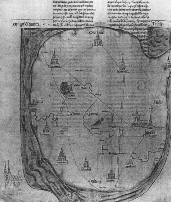 Het schiereiland Thanet (het oosten ligt boven 'Oriens'); links ligt het noorden 'Aquilo\
