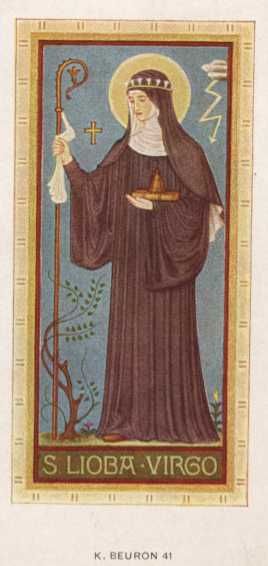 Lioba als benedictines met staf, boek, klok en bliksemflits. Devotieprentje, vervaardigd door K. Beuron, eerste helft 20e eeuw.