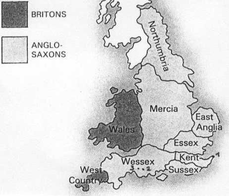 Kaartje van de zeven koninkrijken van Engeland. Met daarop het Mildredklooster, oftewel het Minster-in-Thanet in het uiterste oosten van Kent (nr.1); het klooster te Wimborne in Wessex (2) en Bonifatius' geboorteplaats Crediton (3). In: [336p:10].