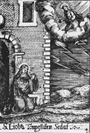 Lioba stilt de storm op voorspraak van Maria. Gravure uit het Lioba-Büchlein van Kaspar Lieblers, 1683. In: Josef Leinweber 'St. Lioba...' p:24.
