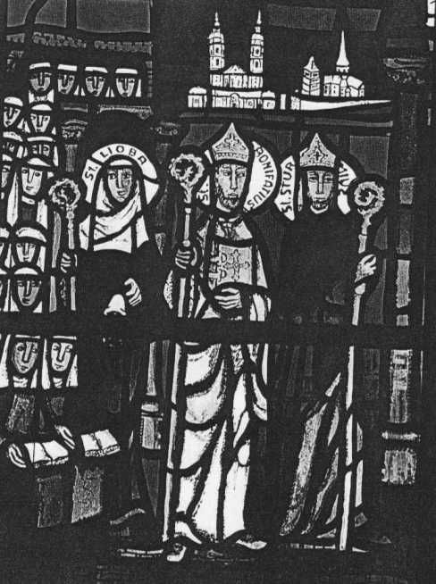 Bonifatius omringd door Sturmius en Lioba met haar zusters; op de achtergrond de dom van Fulda waar hij ligt begraven en rechts de Michaeliskerk, die er vlak naast staat. Glasvenster in de St-Bonifatiuskerk te Hünfeld door Agnes Mann, 20e eeuw. In: Josef Leinweber 'St. Bonifatius. Leben und Wirken. Text und Bildauswahl von - .' Herausgegeben vom Bistum Fulda, 1983 p:26.