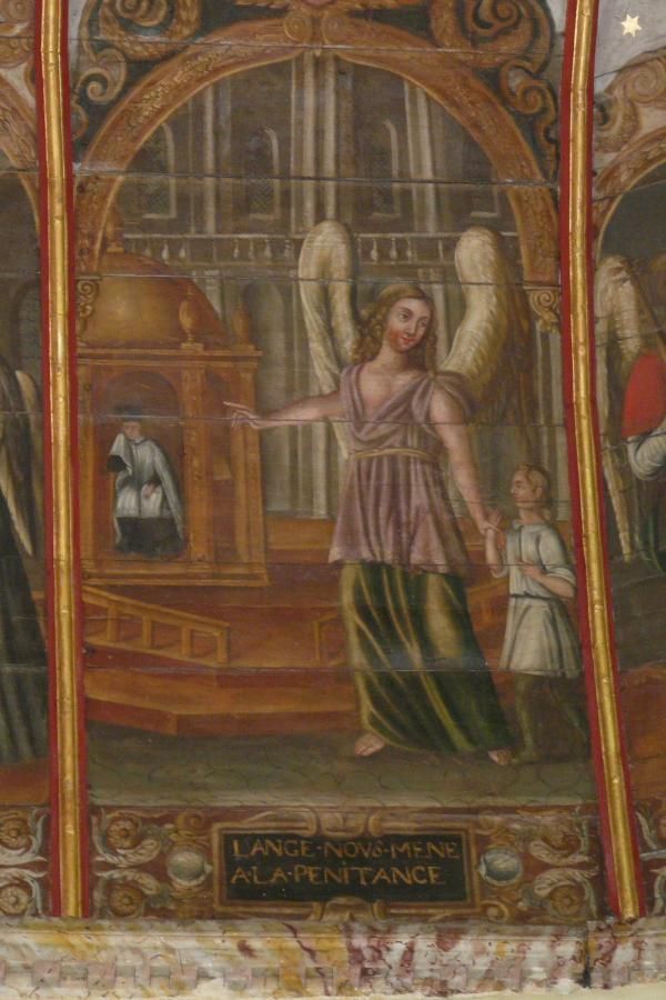 'L'ange nous mène à la pénitence' (de engel brengt ons tot berouw) Ik word door de engel bij de rechterhand meegevoerd. De engel wijst mij op de priester in de biechtstoel. Hij zit klaar om mij - na mijn biecht - vergeving van zonden aan te zeggen.