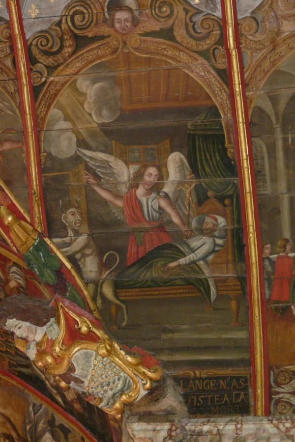 'L'ange ns[nous] assisite à la mort' (de engel staat ons bij in het uur van de dood) Ik lig op mijn sterfbed met vlak naast mij een engel die mij voorziet van een kruisbeeld. Hij wijst mij naar de hemel vanwaar een lichtstraal naar binnen valt. De duivel vlucht met de staart tussen de benen. Door dat kruisbeeld en de gestalte van die duivel rijmt deze afbeelding op de eerste; zij vormen een omsluiting rond de andere twaalf.