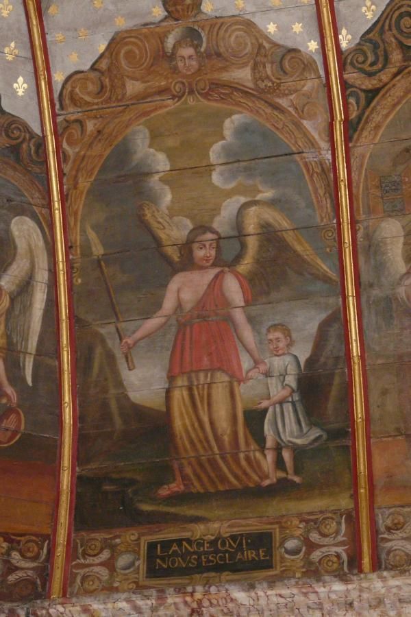 'L'ange qui nous esclaire [éclaire]' (de engel die ons [pad] verlicht) Op een terrein met gevaarlijke richels en afstapjes houdt de engel mij bij mijn rechterarm vast, terwijl hijzelf in de rechterhand een toorts draagt om mij voor te lichten.
