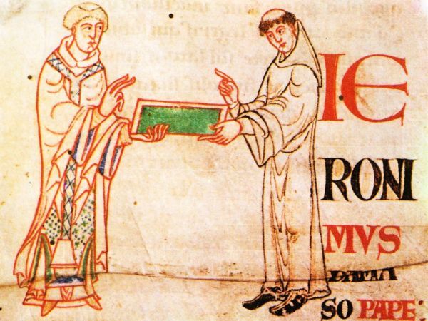 Hiëronymus (rechts) overhandigt aan paus Damasus zijn Latijnse vertaling van het Nieuwe Testament. Bijschrift: 'Hiëronymus aan paus Damasus'.