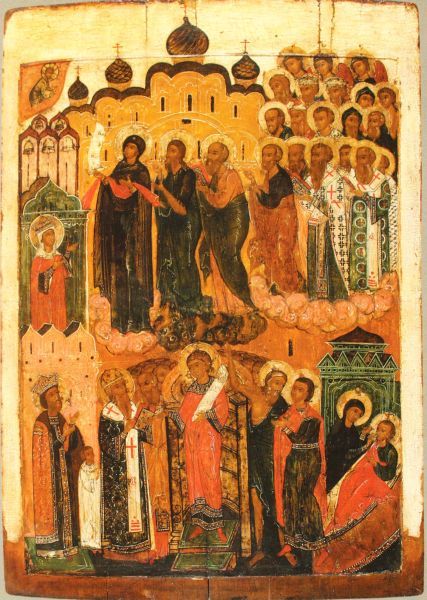 Op deze icoon zijn twee feesten bij elkaar gebracht. In de bovenste helft zien we hoe Christus (links boven) wordt aanbeden door Maria met haar sluier (pokrov, schutsmantel) over haar biddende handen gespreid. Zo doet zij haar voorbede voor de aanwezige gelovigen. Achter haar Johannes de Doper, Johannes de Evangelist, Petrus, de drie oosterse kerkvaders en vele andere heiligen. Allen zijn in de wolken...(de hemel). Bij dit verhaal behoren: Andreas de Dwaas omwille van Christus, en zijn leerling Epifanius. Hen zien we afgebeeld op de benedenste laag, derde en vierde van rechts. Andreas wijst zijn leerling op de verschijning. Op die onderste laag is de legende van Romanus Melodus toegevoegd. We zien rechts onderin hoe hij in de nacht een verschijning krijgt van de Heilige Moeder Gods. In het midden staat hij op een verhoog te zingen voor enkele prelaten, de keizer linksonder) en de keizerin (daarboven).