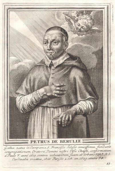 Onderschrift: 'Fransman, geboren in de Champagne; intiem bevriend met Franciscus van Sales, stichtte de Congregatie van Onze Heer Jezus Christus, goedgekeurd door paus Paulus V in 1613; werd tegen zijn zin door Urbanus VIII tot kardinaal gecreëerd. Stierf te Pariis op 2 oktober 1629 op de leeftijd van 54 jaar.'