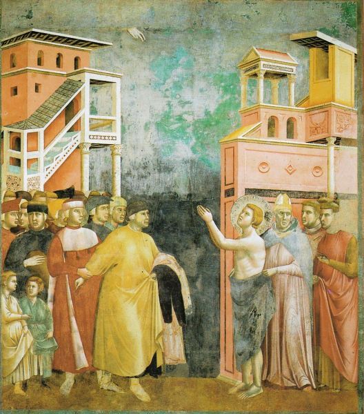Hij meende dat het ging om het vervallen kerkje van San Damiano zelf. Dat knapte hij op met het geld dat hij verdiende door zijn in de kelder opgeslagen stoffen van zijn vader te verkopen. Deze had hem daar geen toestemming voor gegeven en zag zijn beoogde winsten opgaan aan een zinloze, geld verslindende onderneming. Hij was woedend en sloot hem op. Maar eenmaal vrij ging Franciscus gewoon door. Nu sleepte vader zijn zoon voor de rechter; die verwees de zaak door naar de bisschop. Omstuwd door de hele plaatselijke bevolking klaagde vader zijn zoon aan bij de bisschop en eiste al het geld van zijn zoon terug. Daarop gespte Franciscus voor het oog van alle aanwezigen zijn beurs los en wierp die zijn vader voor de voeten. Vervolgens kleedde hij zich uit tot op het naakte lijf en gooide kledingstuk voor kledingstuk voor zijn vader neer. Nu kwam de bisschop achter de jongeman staan en sloeg zijn mantel om hem heen. Vanaf dat moment was het voor iedereen duidelijk, dat Franciscus voortaan niet meer bij zijn aardse vader hoorde, maar bij zijn Vader in de hemel, en bij de Kerk van diens Zoon, Jezus Christus (1206).