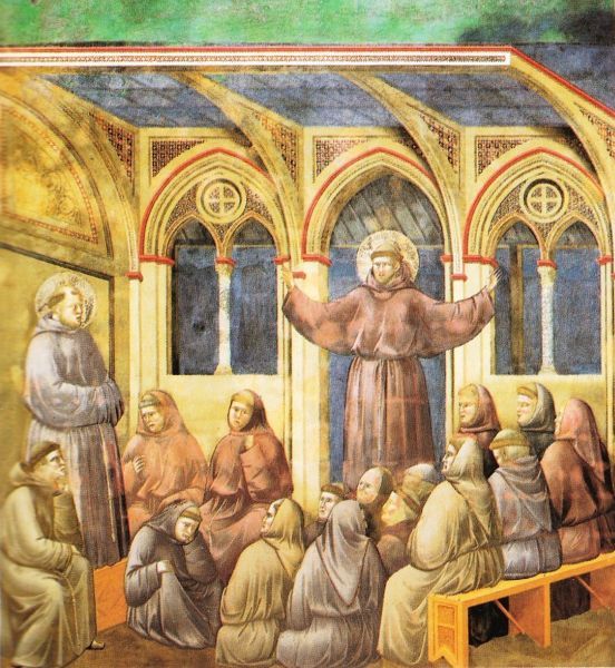 'Eens hield Antonius van Padua († 1231; feest 13 juni), een bijzonder begaafd predikant, op het kapittel van Arles een preek voor de broeders over het opschrift boven het kruis: "Jezus van Nazareth, koning van de Joden". Een zeer deugdzame broeder, Monaldus geheten, keek op een gegeven moment - op goddelijke ingeving - naar de deur van de zaal en zag toen met eigen ogen de zalige Franciscus. Hij zweefde in de lucht en met zijn als op een kruis uitgestrekte armen zegende hij zijn broeders.'